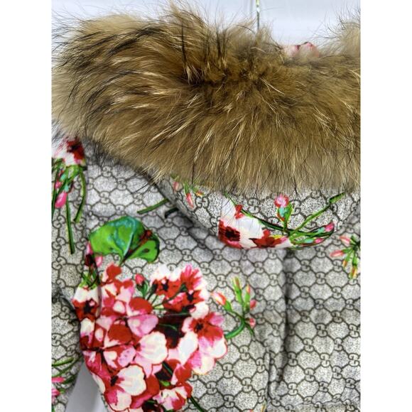 Girls Down Puffer Jacket Brown Floral Removable Hood Fur Trim Sz 8 - Picture 5 of 16